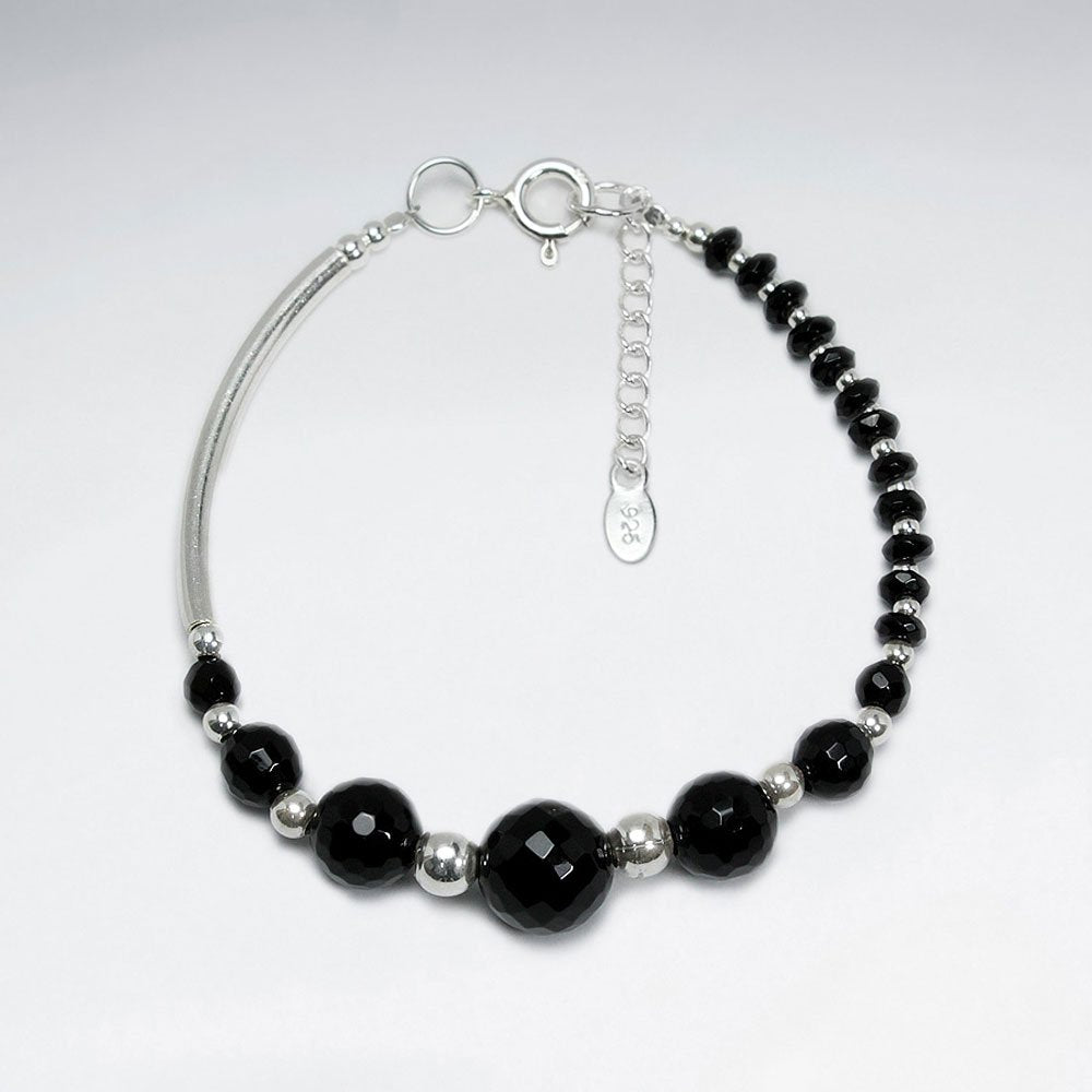 7" Round Faceted Black Stone Bracelet With Silver Tube