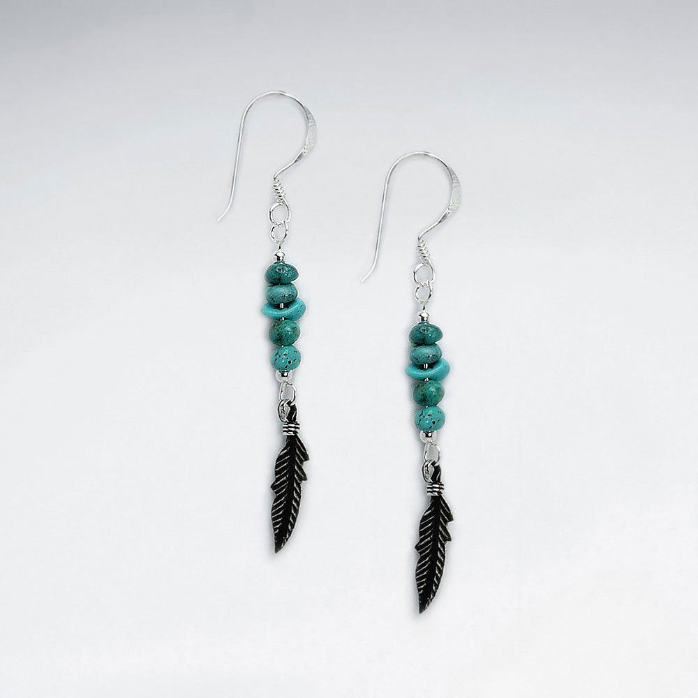 Turquoise Nugget Dangling Earring With Oxidized Silver Feather