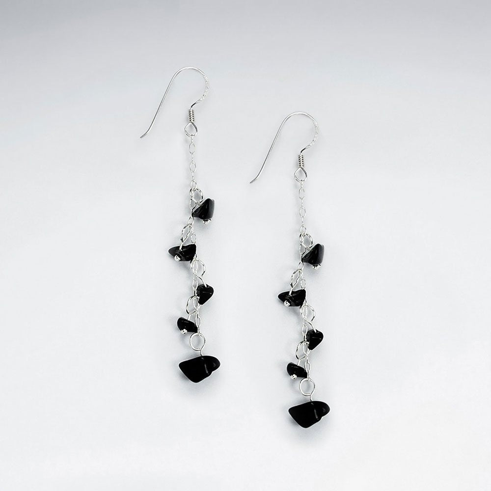 Black Stone Nugget Cascade Silver Earring