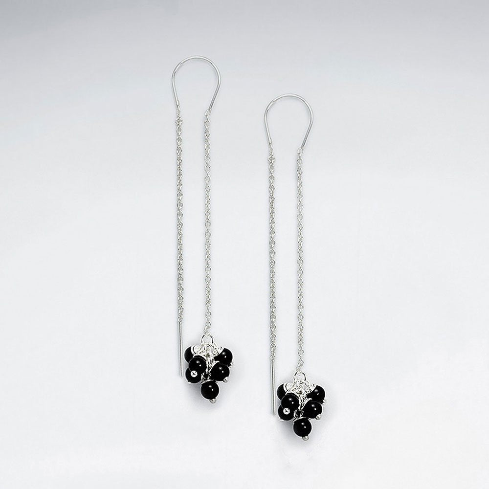 Silver Threader Dangle Earrings With Glimmering Black Gemstone Clusters