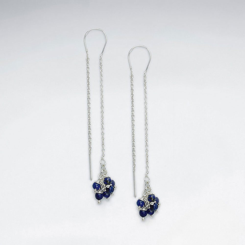 Silver Threader Dangle Earrings With Glimmering Black Gemstone Clusters