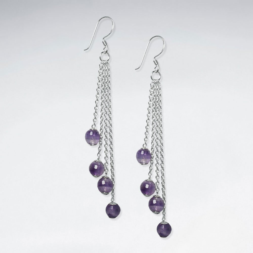 Round Faceted Amethyst Cascaded Silver Dangling Earring