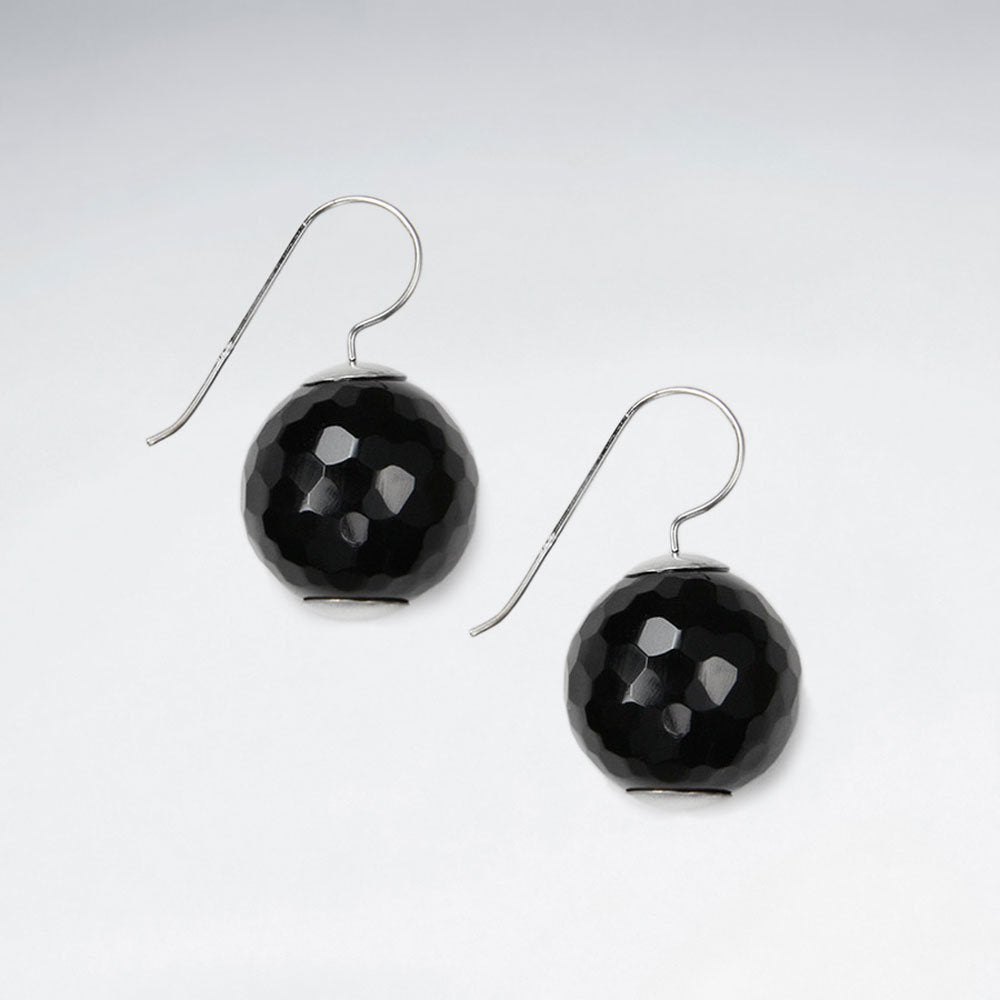 18 mm Round Faceted Black Stone Silver Earring
