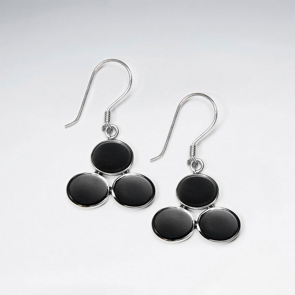 Triple Oval Black Stone Silver Earring