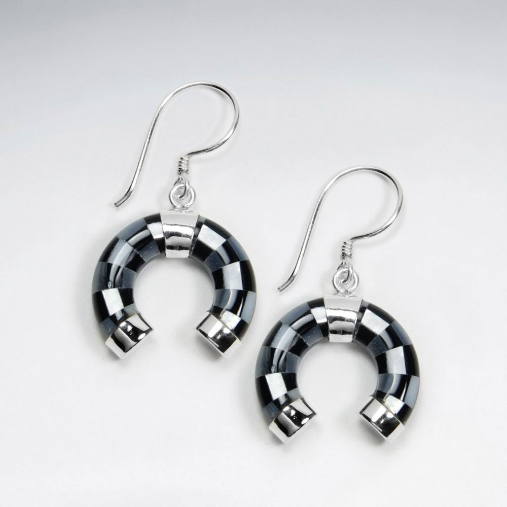 Horseshoe Mother Of Pearl And Black Stone Silver Earring