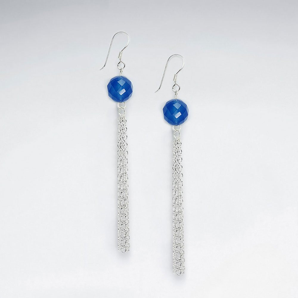 Elegant Blue Stone Earrings With Silver Dangle Chain and Shepherds Hook
