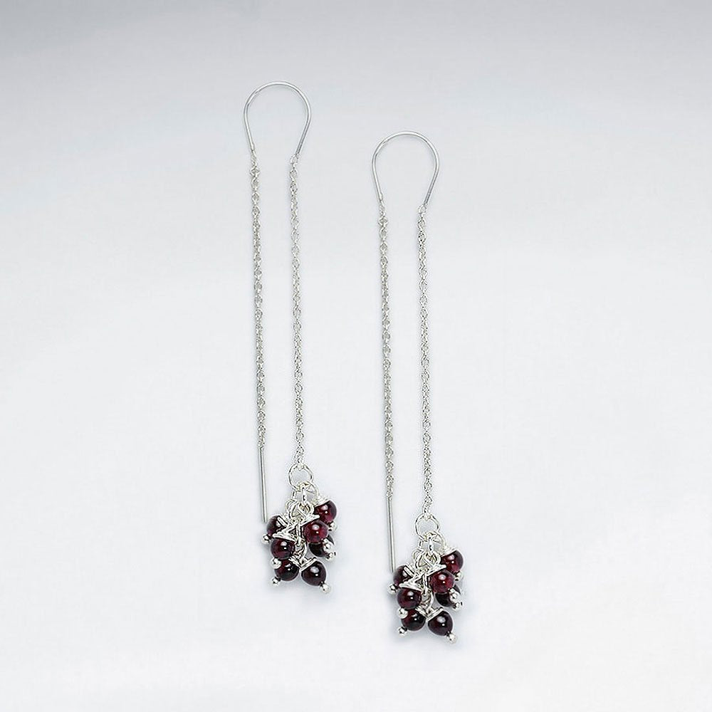 Silver Threader Dangle Earrings With Glimmering Black Gemstone Clusters