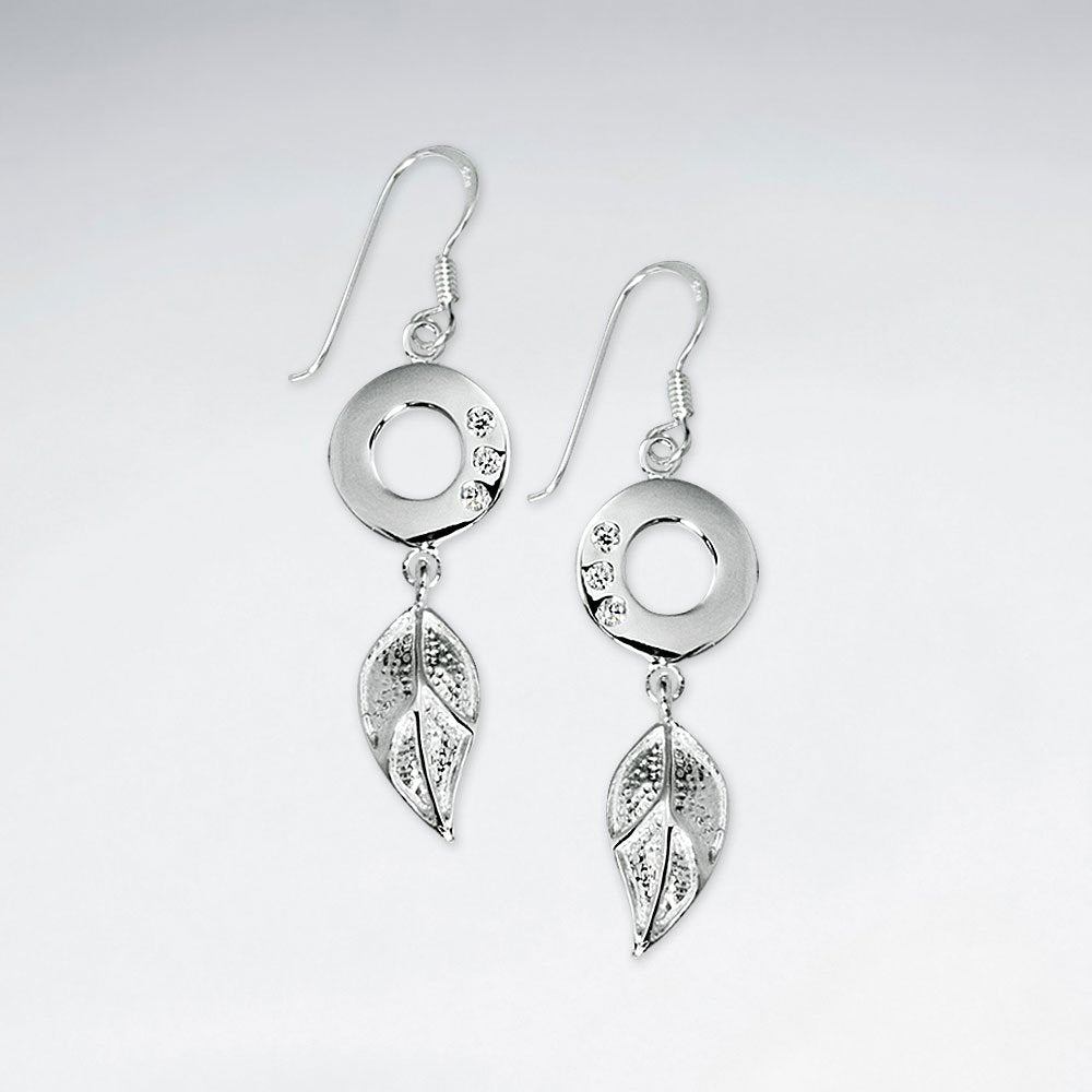 CZ Open Circle Silver Earring With Dangling Silver Leaf