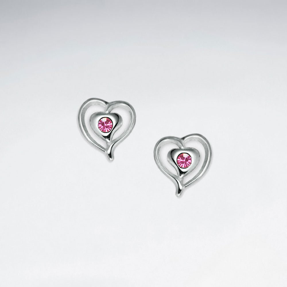 Stud Silver Heart Earring With Pink CZ
