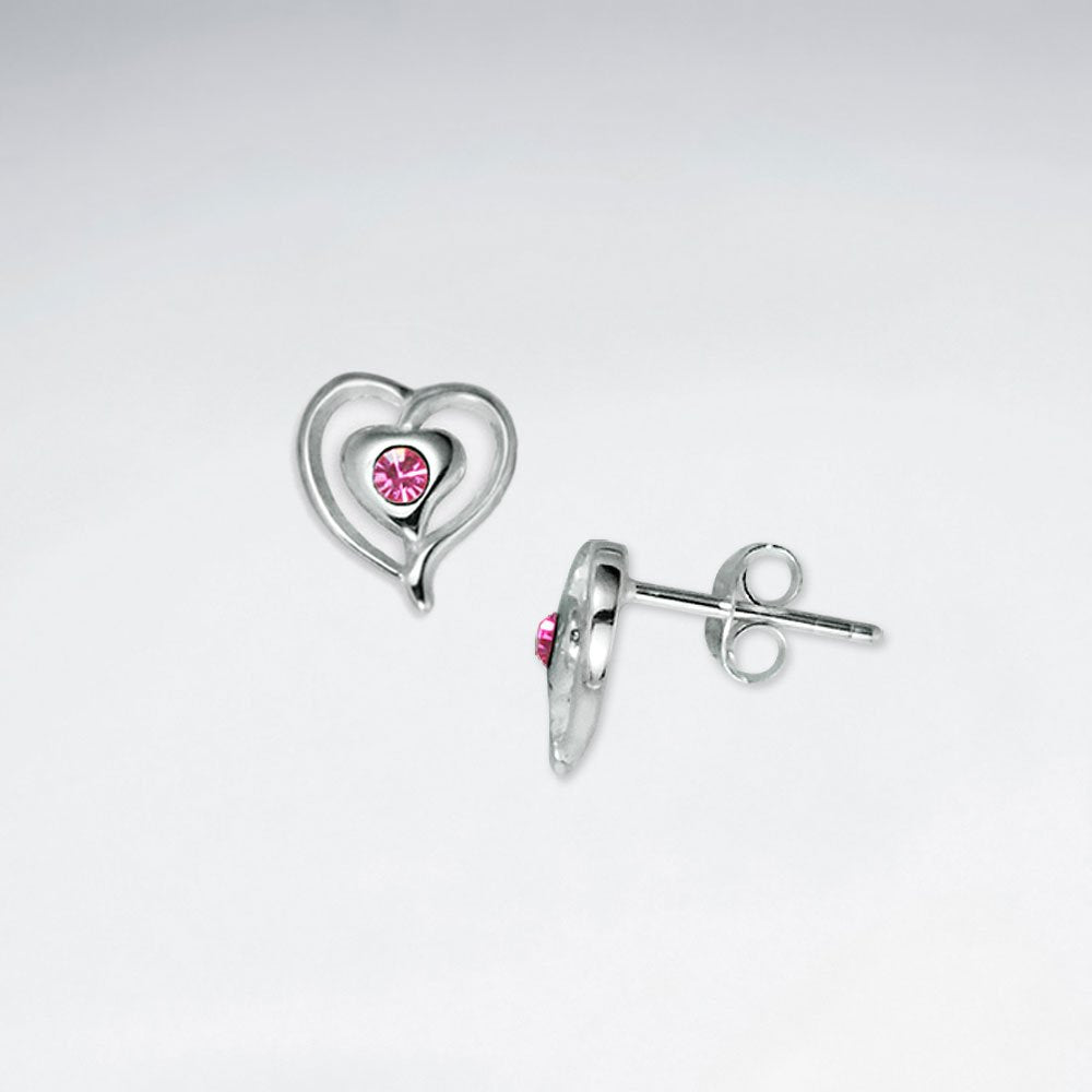 Stud Silver Heart Earring With Pink CZ
