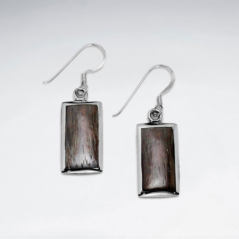 Rectangle Natural Wood Dangling Silver Earring
