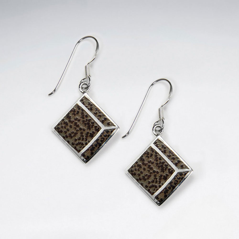 Square Palm Wood Dangling Silver Earring