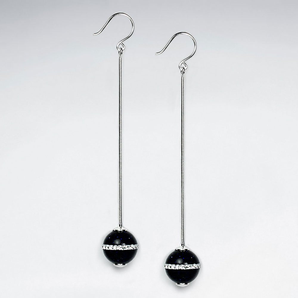 Silver Chain Dangle Earrings With 10 mm Blue Sand Stone Drop Accent Featuring White CZ Stripe