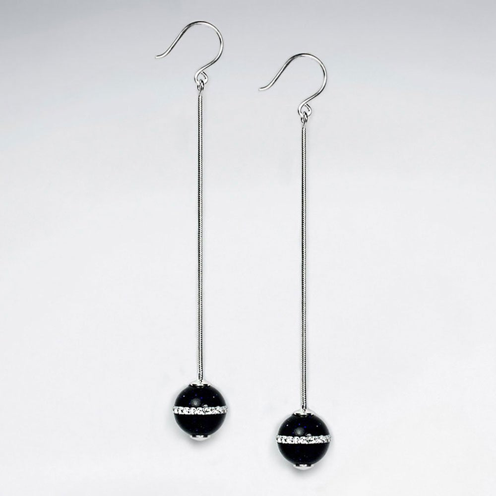 Silver Chain Dangle Earrings With 10 mm Blue Sand Stone Drop Accent Featuring White CZ Stripe