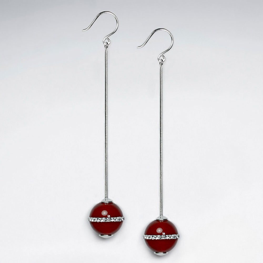 Silver Chain Dangle Earrings With 12 mm Red Stone Drop Accent Featuring White CZ Stripe