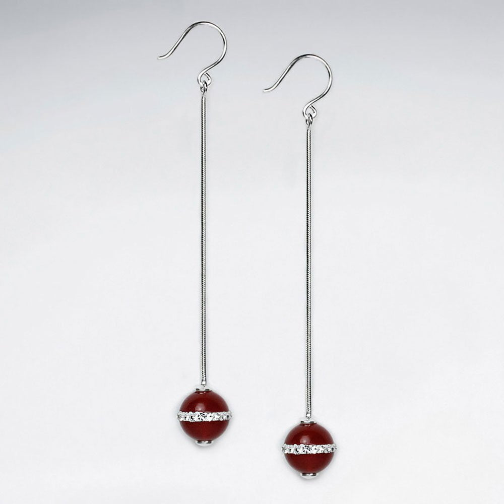 Silver Chain Dangle Earrings With 12 mm Red Stone Drop Accent Featuring White CZ Stripe