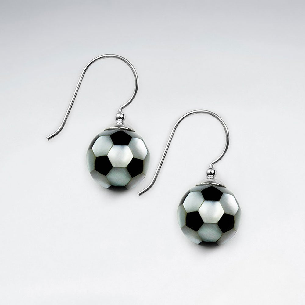 11 mm Football Mother Of Pearl And Black Stone Dangling Silver Earring