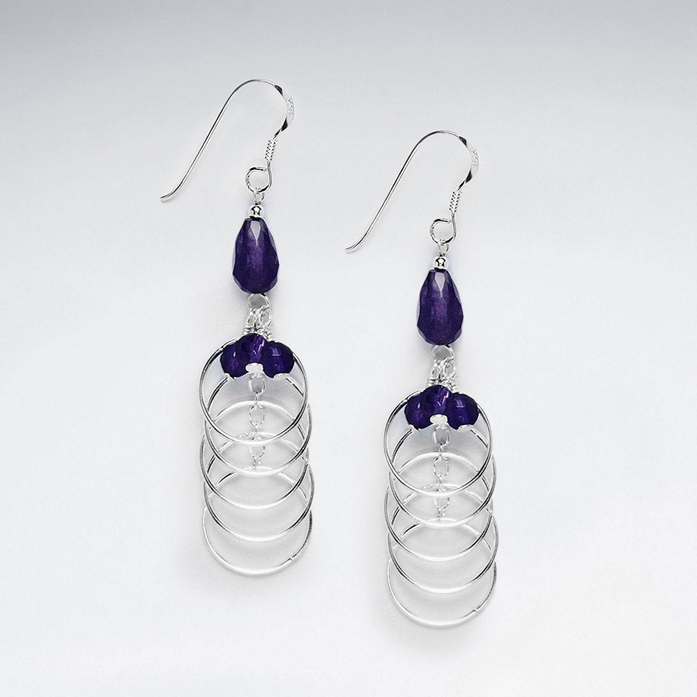 Drop Amethyst Silver Earring With Layered Open Circle