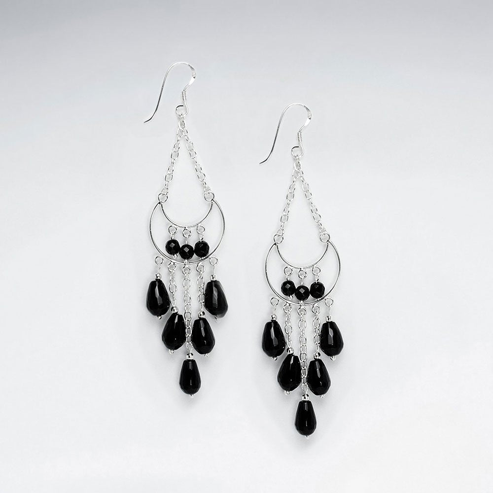 Chandelier Silver Earring Eith Dangling Faceted Black Stone