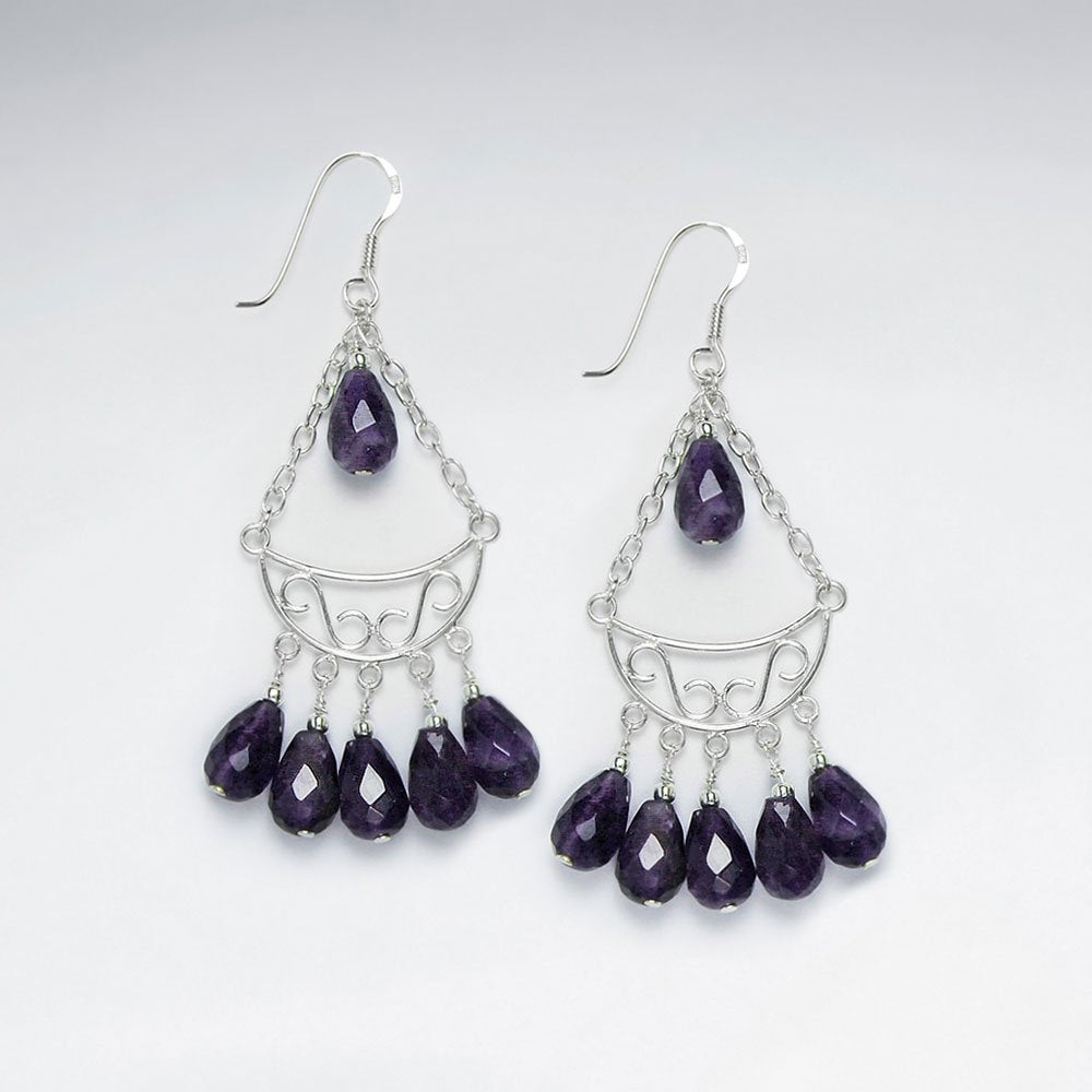 Chandelier Silver Earring With Dangling Faceted Amethyst