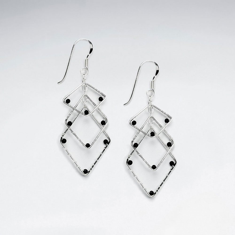 Layered Rhombus With Cornered Black Stone Silver Dangling Silver Earring