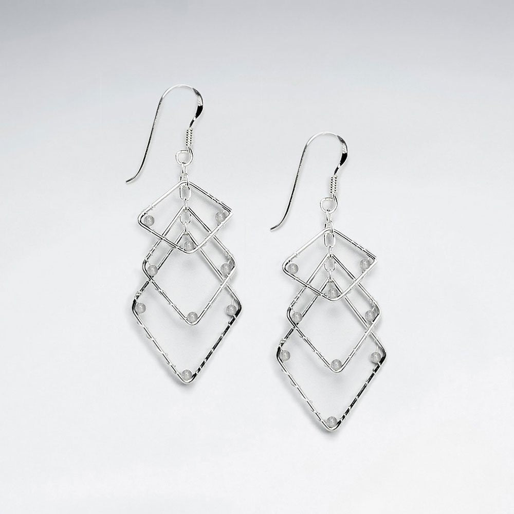 Layered Rhombus With Cornered Black Stone Silver Dangling Silver Earring