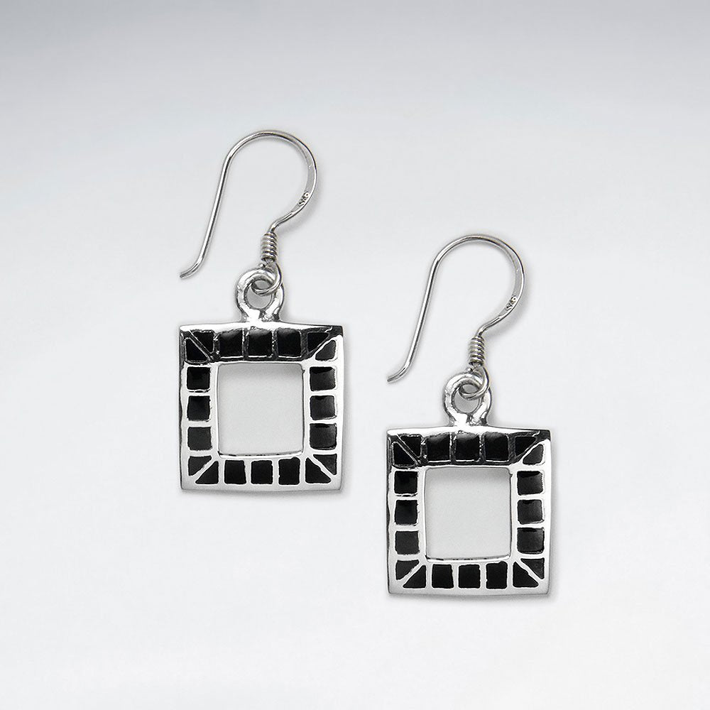 Open Square Dangling Silver Earring With Black Stone