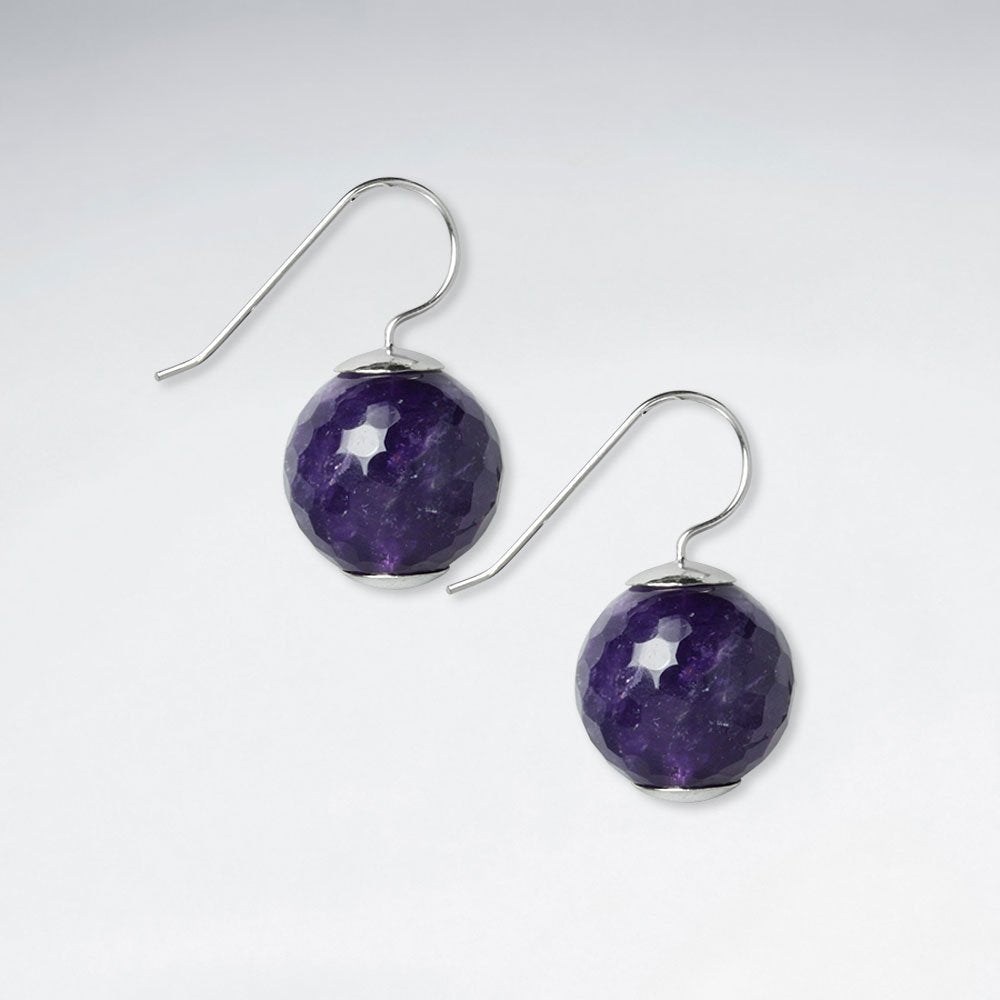 16 mm Round Faceted Amethyst Silver Hook Earring