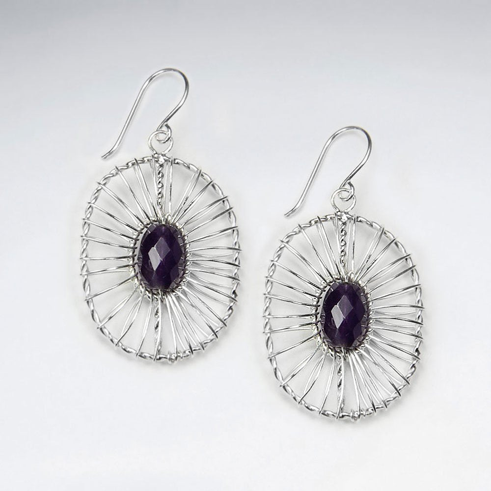 Wire Work Dangling Silver Earring With Faceted Oval Amethyst