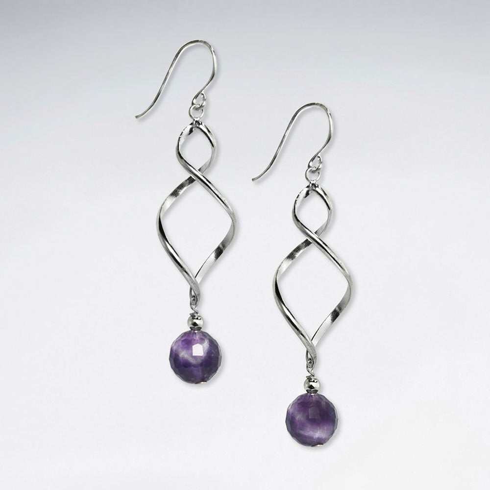 Twisted Silver Earring With Round Faceted Amethyst