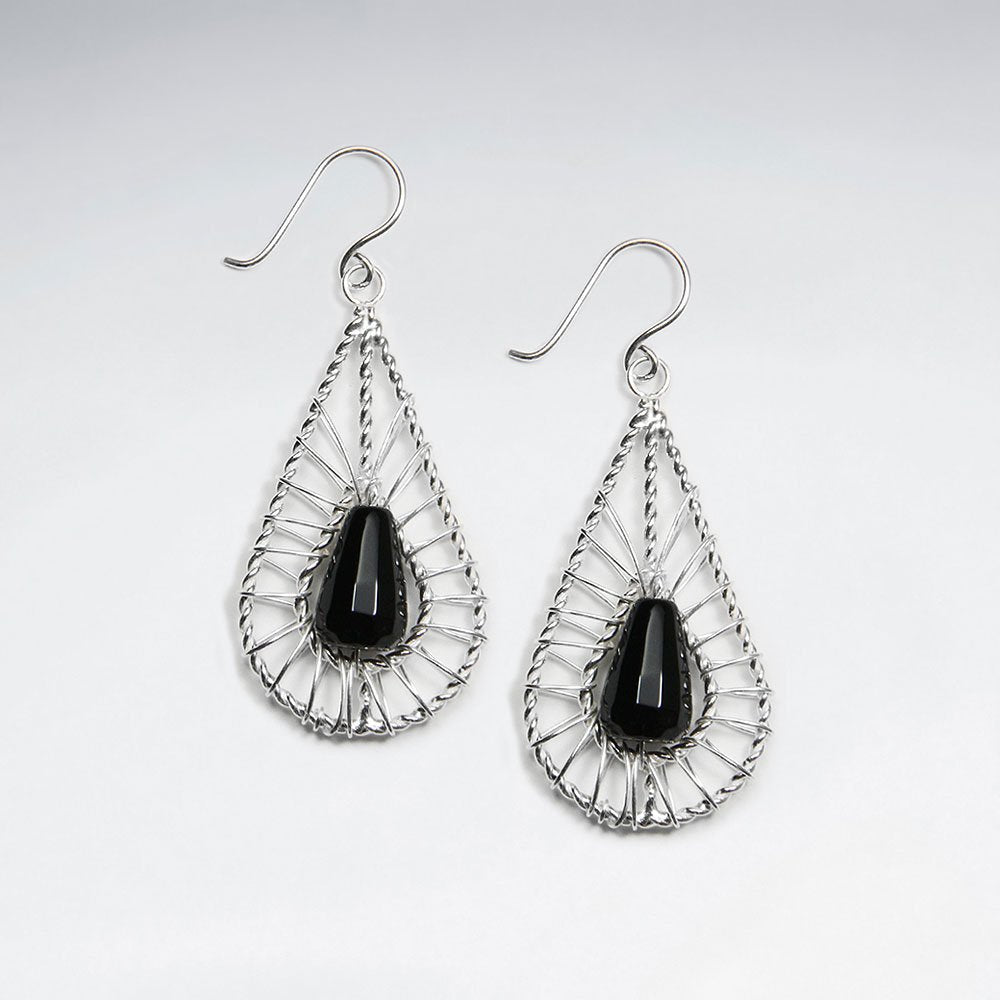 Drop Shape Wirework Dangling Earring With Black Stone