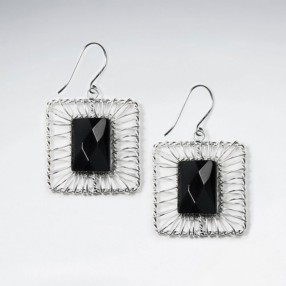 Square Shape  Wirework Dangling Earring With Black Stone