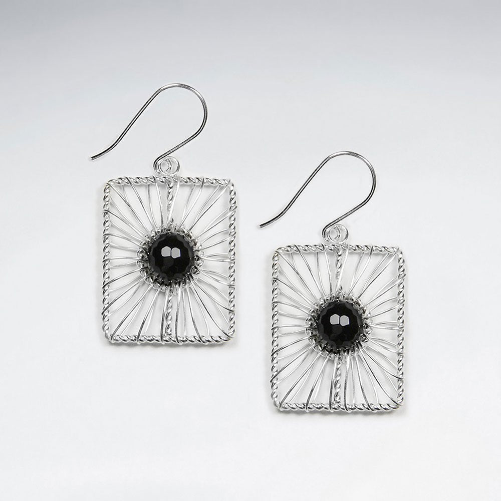 Square Shape Wirework Dangling Earring With Round Black Stone