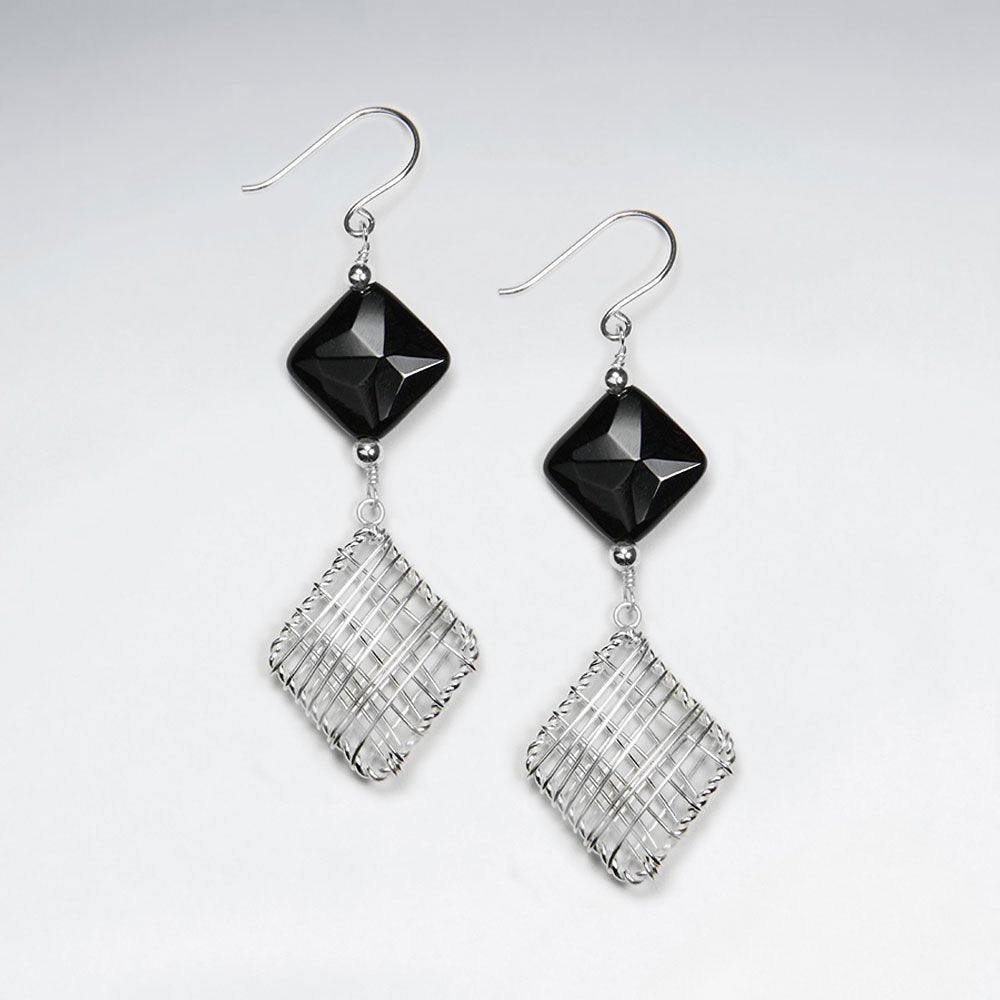 Wirework Dangling Earring With Square Faceted Black Stone