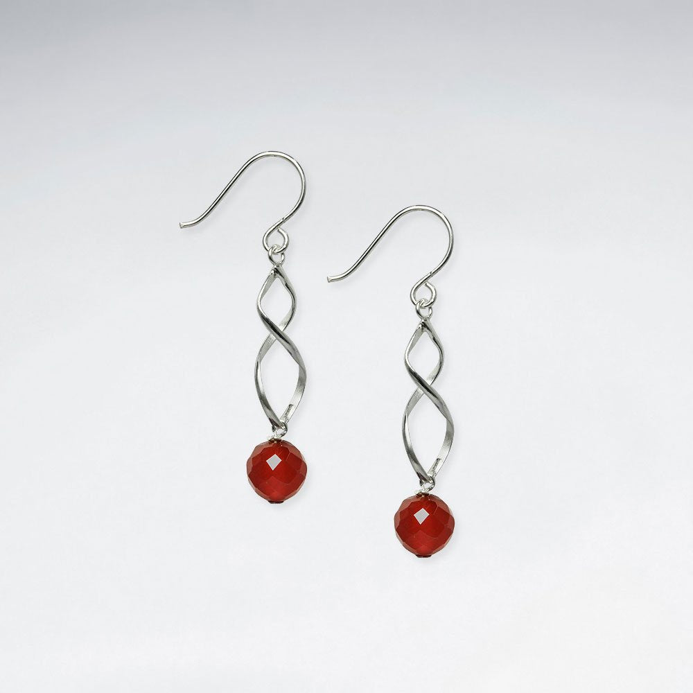 Twisted Silver Earring With Dangling Carnelian