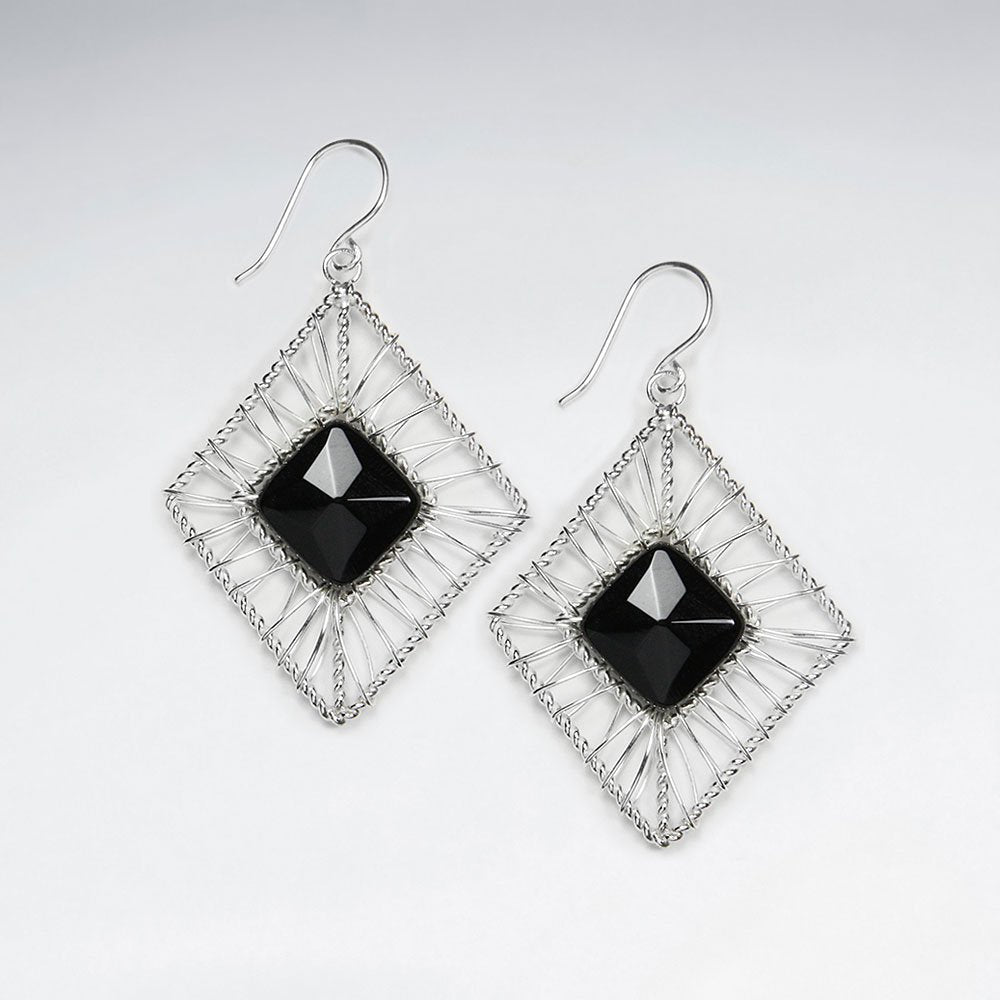 Rhombus Wirework Dangling Silver Earring With Black Stone