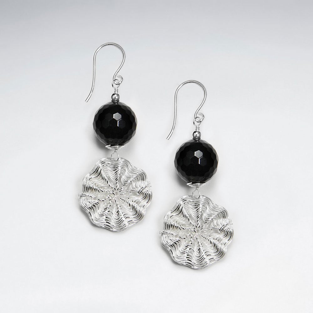 Faceted Black Stone Dangling Earring With Wirework