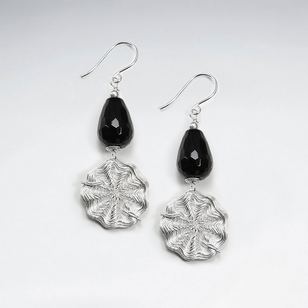 Drop Faceted Black Stone Dangling Earring With Wirework