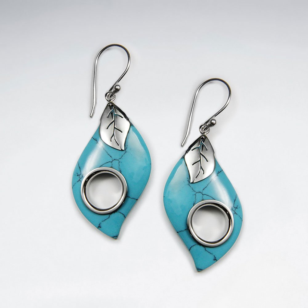 Leaf Shape Blue Turquoise With Circle Silver Earring