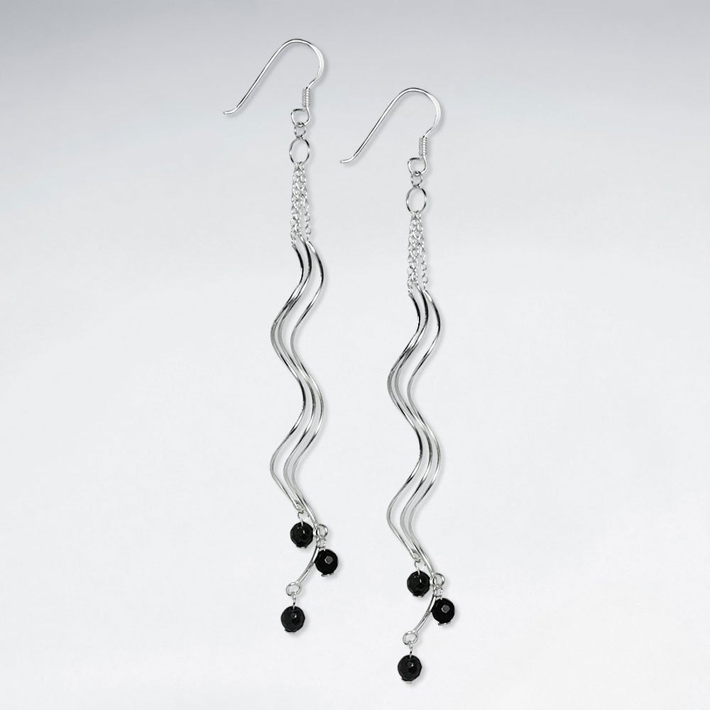 Wavy Chandelier Silver Earring With Round Black Stone