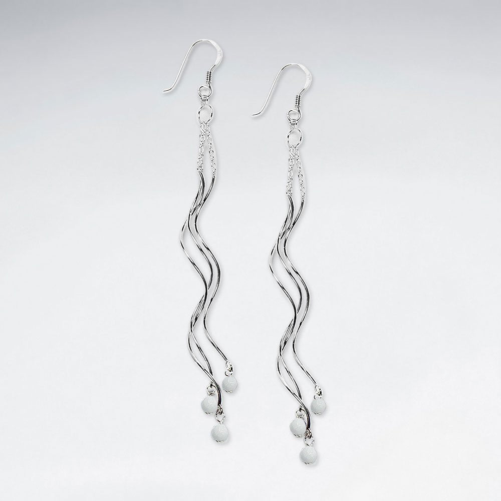 Wavy Chandelier Silver Earring With Round Black Stone