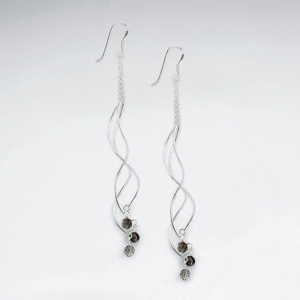 Wavy Chandelier Silver Earring With Round Black Stone