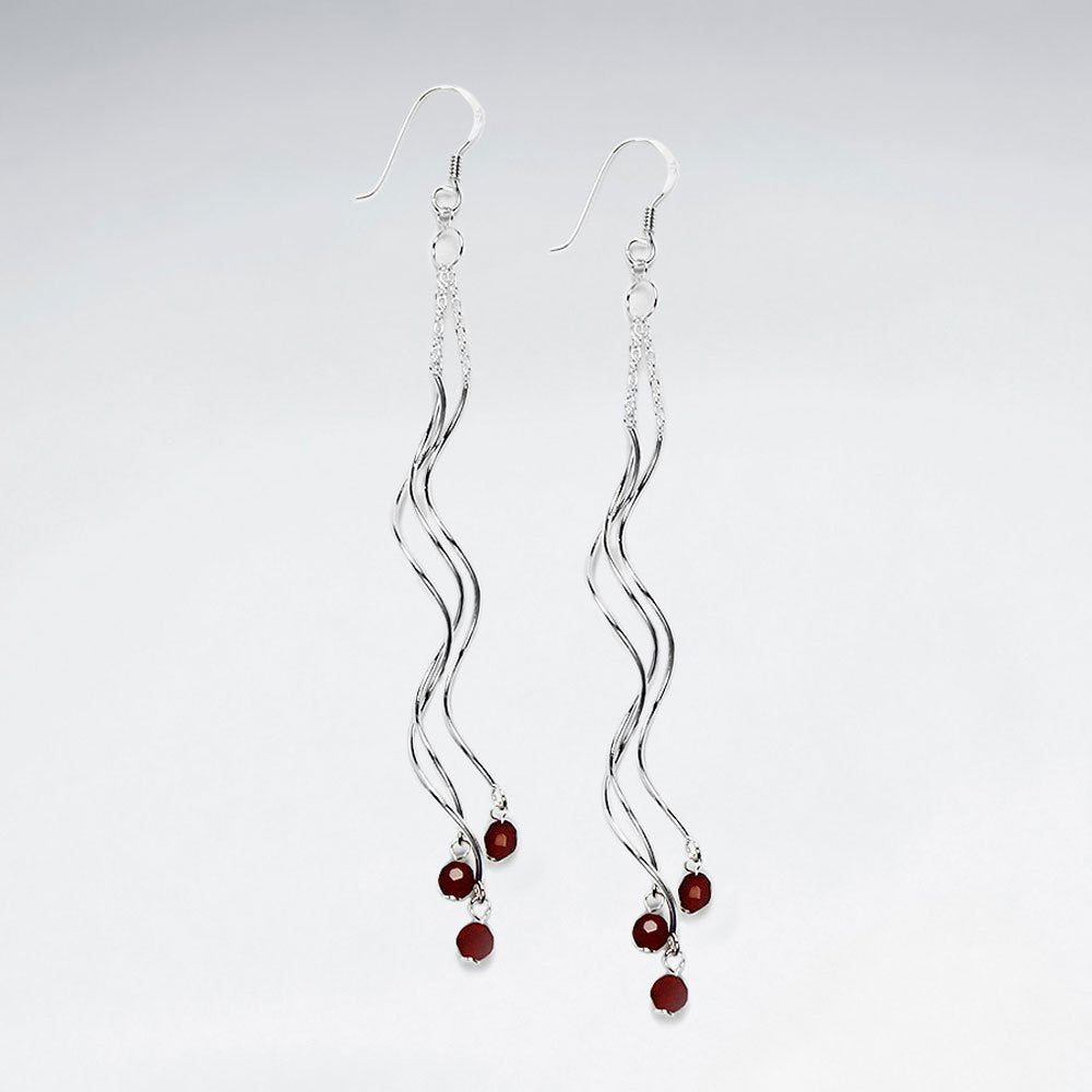 Wavy Chandelier Silver Earring With Round Black Stone