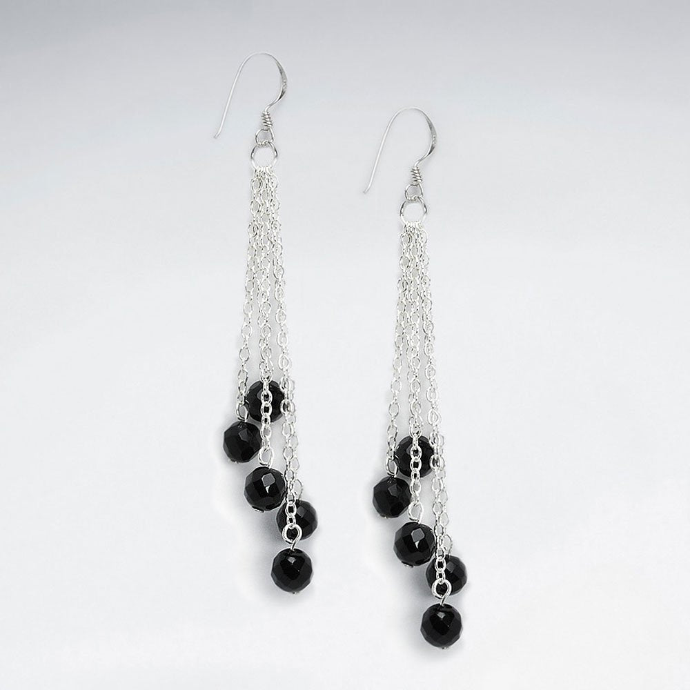 Chandelier Silver Earring With Dangling Round Faceted Black Stone