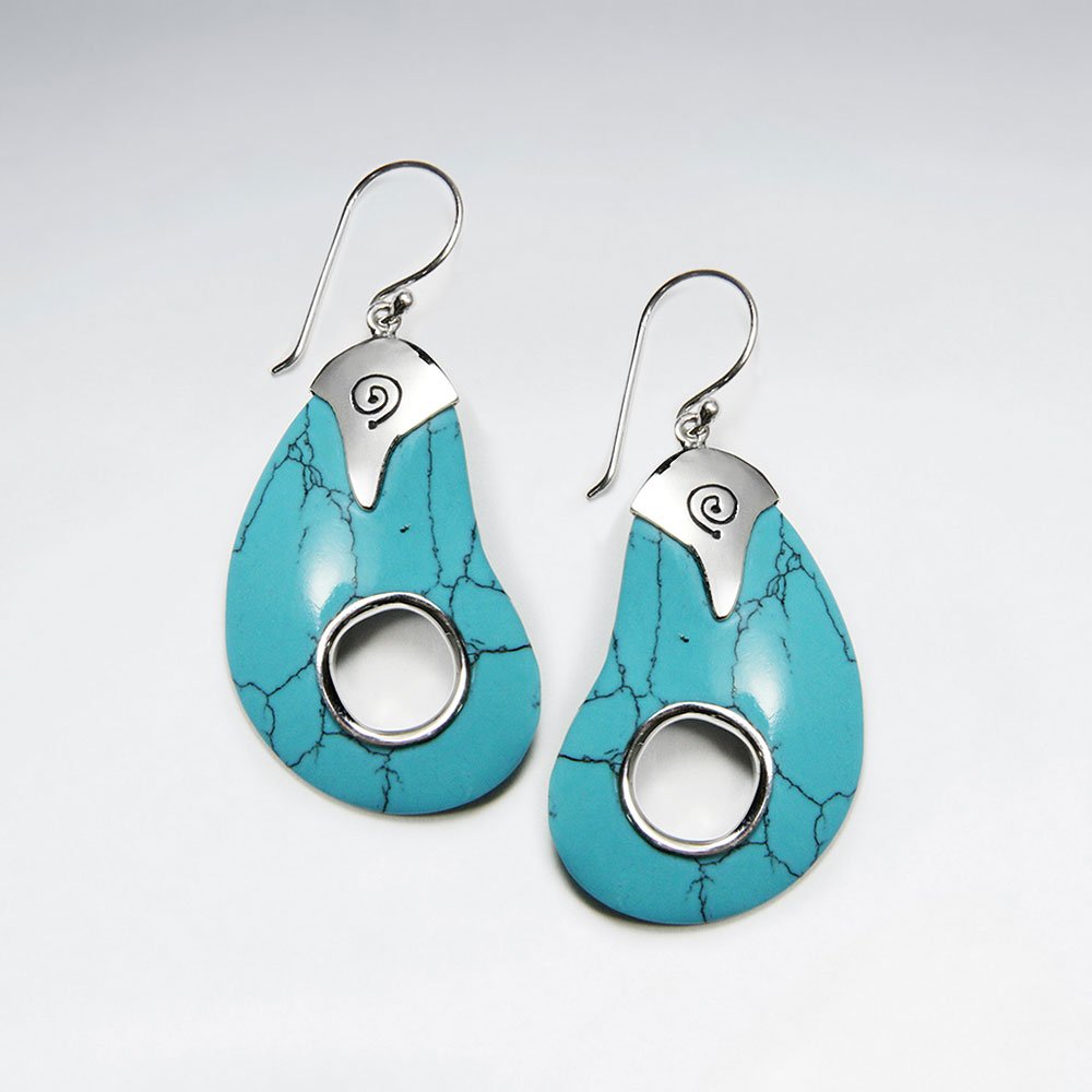 Blue Howlite Silver Earring With Open Circle at Center