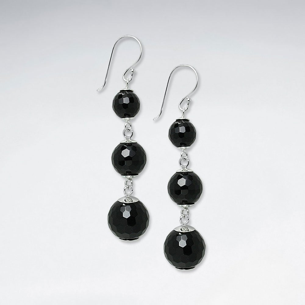 Triple Round Faceted Black Stone Silver Earring