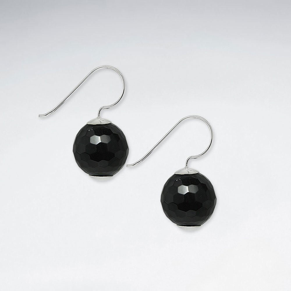 14 mm Round Faceted Black Stone Dangling Silver Earring