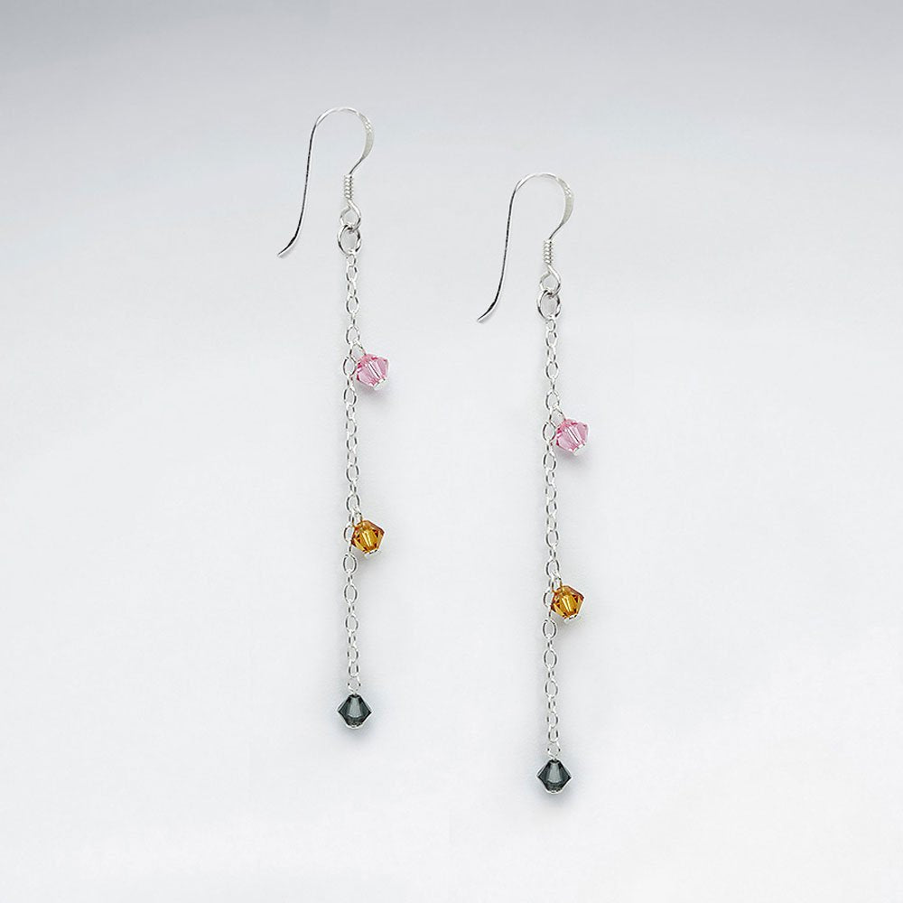 Dangling Silver Earring With Multi Color Crystal Beads