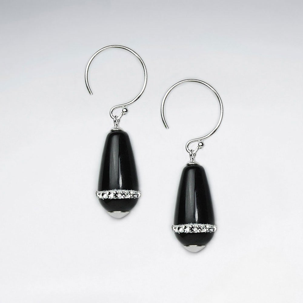 Drop Black Gemstone Dangle Drop Earrings With White CZ Stripe