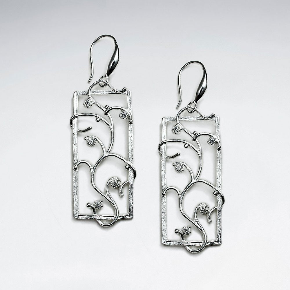 Silver Open Rectangle Climbing Ivy Filigree Dangle Drop Earrings